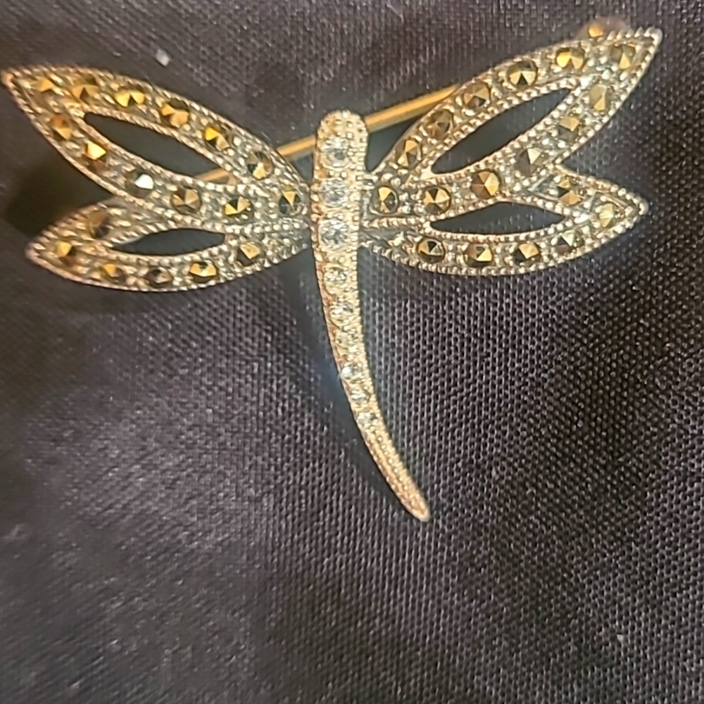 JJ 925 Sterling Silver Marcasite Stone Rhinestone DRAGONFLY Pin Brooch 5.4g